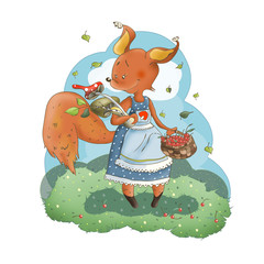 Illustration for children. Protein with a basket of berries, fruits, mushrooms. A funny cartoon character. The squirrel-mistress. On white isolated background.
Postcard, clipart, logo, card, sticker.