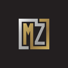 Initial letter MZ, looping line, square shape logo, silver gold color on black background