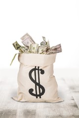 Money Bag with money on background