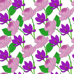 Raster seamless pattern with pink roses and violet crocuses on white background. Colorfull natural tracery.