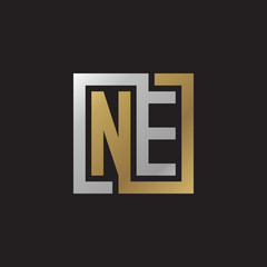Initial letter NE, looping line, square shape logo, silver gold color on black background
