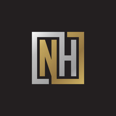 Initial letter NH, looping line, square shape logo, silver gold color on black background