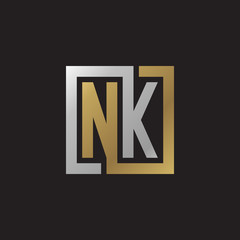 Initial letter NK, looping line, square shape logo, silver gold color on black background