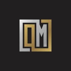 Initial letter OM, looping line, square shape logo, silver gold color on black background