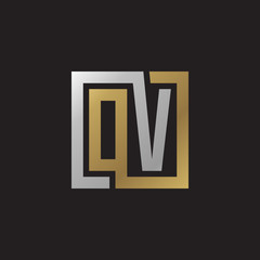 Initial letter OV, looping line, square shape logo, silver gold color on black background