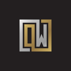 Initial letter OW, looping line, square shape logo, silver gold color on black background