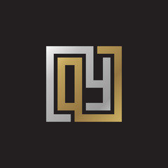 Initial letter OY, looping line, square shape logo, silver gold color on black background