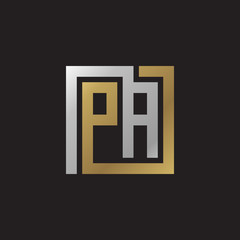 Initial letter PA, looping line, square shape logo, silver gold color on black background