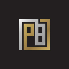 Initial letter PB, looping line, square shape logo, silver gold color on black background