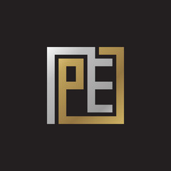 Initial letter PE, looping line, square shape logo, silver gold color on black background