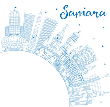 Outline Samara Russia City Skyline with Blue Buildings and Copy Space.
