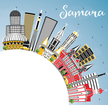 Samara Russia City Skyline with Color Buildings, Blue Sky and Copy Space.