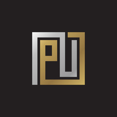Initial letter PU, looping line, square shape logo, silver gold color on black background