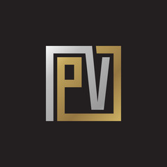 Initial letter PV, looping line, square shape logo, silver gold color on black background