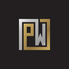 Initial letter PW, looping line, square shape logo, silver gold color on black background