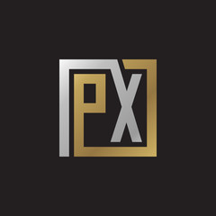 Initial letter PX, looping line, square shape logo, silver gold color on black background