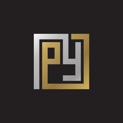 Initial letter PY, looping line, square shape logo, silver gold color on black background