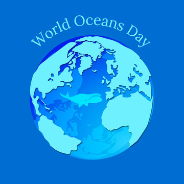 World Oceans Day. Planet Earth in the form of a water balloon in which a whale floats