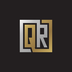 Initial letter QR, looping line, square shape logo, silver gold color on black background