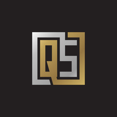Initial letter QS, looping line, square shape logo, silver gold color on black background