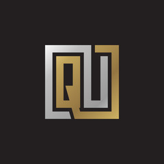 Initial letter QU, looping line, square shape logo, silver gold color on black background