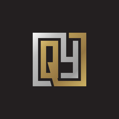 Initial letter QY, looping line, square shape logo, silver gold color on black background