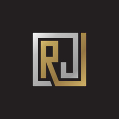 Initial letter RJ, looping line, square shape logo, silver gold color on black background