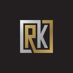 Initial letter RK, looping line, square shape logo, silver gold color on black background