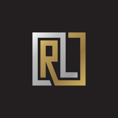 Initial letter RL, looping line, square shape logo, silver gold color on black background