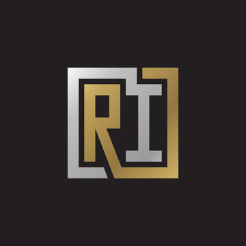Initial letter RI, looping line, square shape logo, silver gold color on black background
