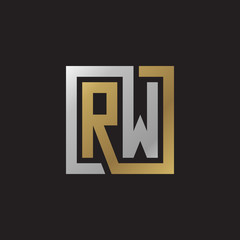 Initial letter RW, looping line, square shape logo, silver gold color on black background