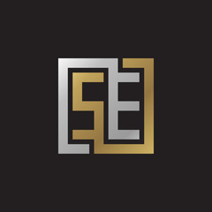 Initial letter SE, looping line, square shape logo, silver gold color on black background