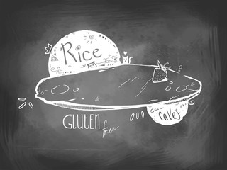 Gluten free rice flapjack. Graphic drawn illustration with rice cake on a chalkboard. Good poster or signboard. Doodle cartoon style.