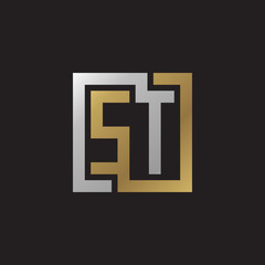 Initial letter ST, looping line, square shape logo, silver gold color on black background