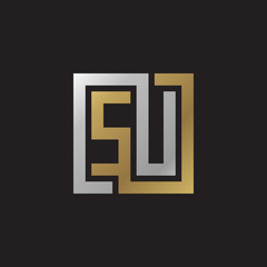 Initial letter SU, looping line, square shape logo, silver gold color on black background