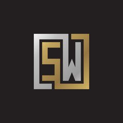 Initial letter SW, looping line, square shape logo, silver gold color on black background