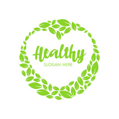 Heart Symbol Inside Circle Shape with Leaf Frame Nature Healthy leaves Logo Cricle