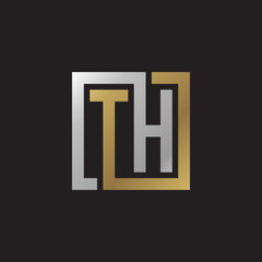 Initial letter TH, looping line, square shape logo, silver gold color on black background