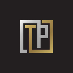 Initial letter TP, looping line, square shape logo, silver gold color on black background