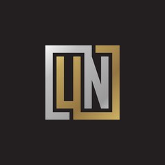 Initial letter UN, looping line, square shape logo, silver gold color on black background