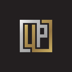 Initial letter UP, looping line, square shape logo, silver gold color on black background