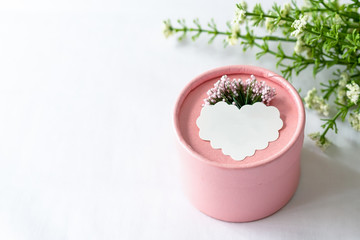 Gift box and flower, heart shape paper tag for texting and copy space