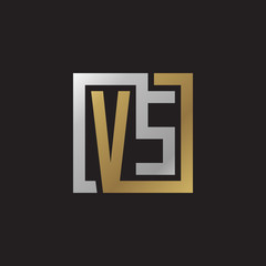 Initial letter VS, looping line, square shape logo, silver gold color on black background