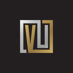 Initial letter VU, looping line, square shape logo, silver gold color on black background