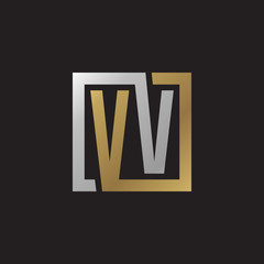 Initial letter VV, looping line, square shape logo, silver gold color on black background