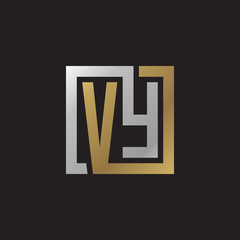 Initial letter VY, looping line, square shape logo, silver gold color on black background
