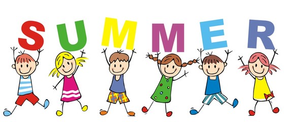 Happy kids and inscription summer, vector icon. Funny illustration, sketch. Children holds letters. © janista
