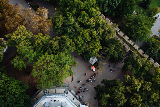 Top view of trees and people at Petrin Tower in Prague