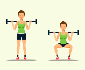 Fototapeta na wymiar Young sportswoman in sportwear doing squats. Front view. Vector flat style isolated illustration
