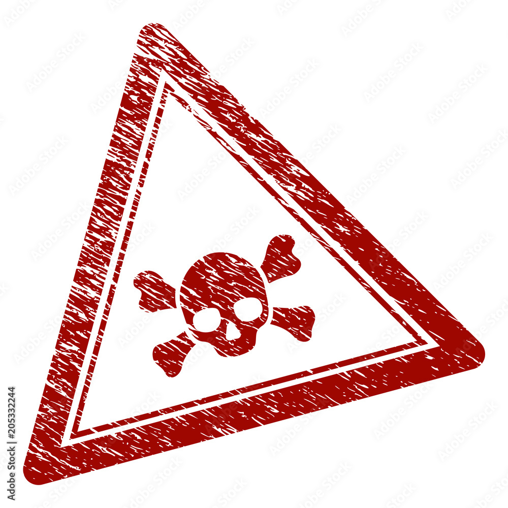 Poster skull death triangle rubber stamp seal. vector element with distress style and dust texture in red c